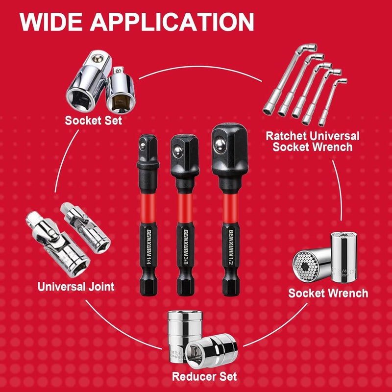 GEINXURN 6Pcs Impact Socket Adapter Set,1/4" 3/8" and 1/2" Drive, (3" and 6") Extension Bit with Holder, Adapt Your Power Drill to High Torque Impact Wrench - Image 3